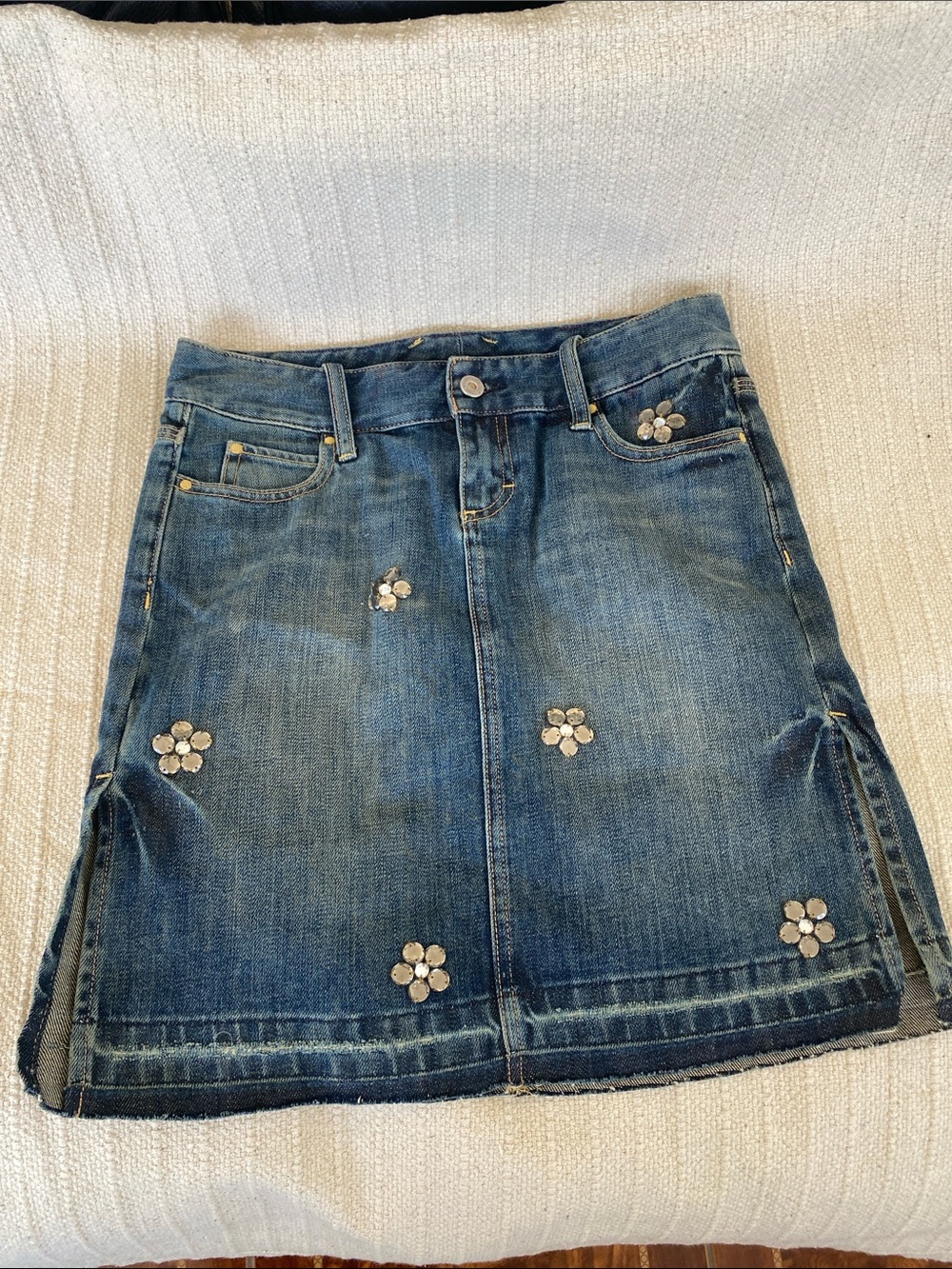 Denim Midi Skirt with Floral Studs - Blue